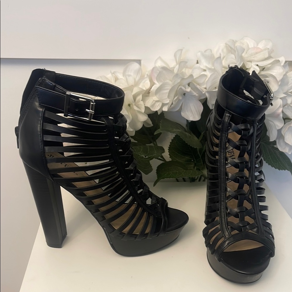 JustFab Black Stiletto Heels with Strappy Design